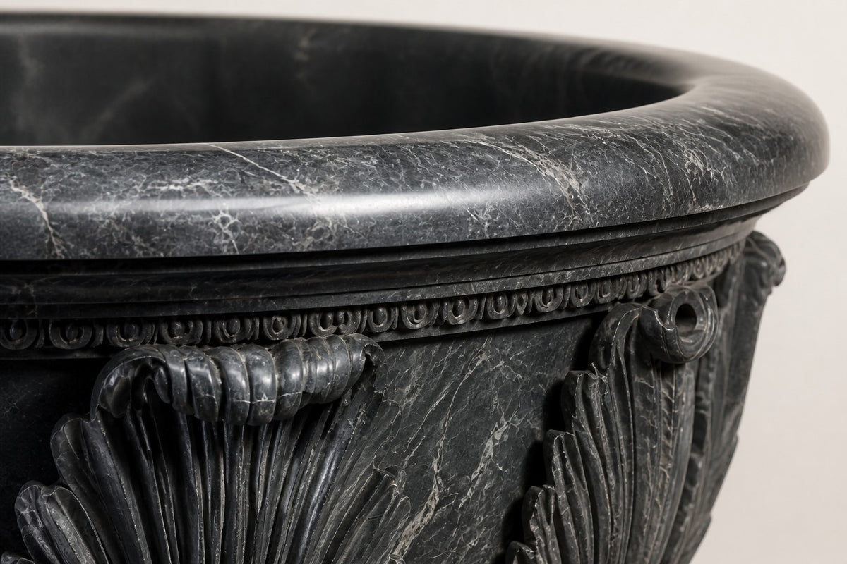 Pietra Grey Acanthus Luxury Marble Urn Planter — 95 cm Pietra Grey marble urn planter carved with large acanthus leaves, close studio detail of the surface and material