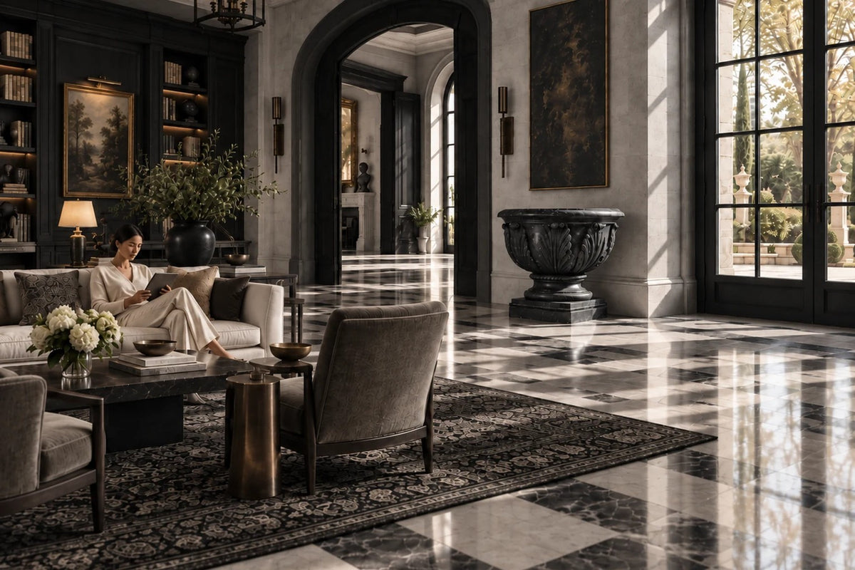 Pietra Grey Acanthus Luxury Marble Urn Planter — 95 cm Pietra Grey marble urn planter carved with large acanthus leaves, placed in a furnished room