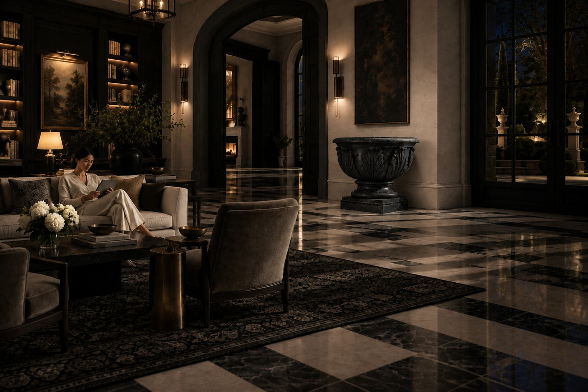 Pietra Grey Acanthus Luxury Marble Urn Planter — 95 cm Pietra Grey marble urn planter carved with large acanthus leaves, the same room at night, lamps on