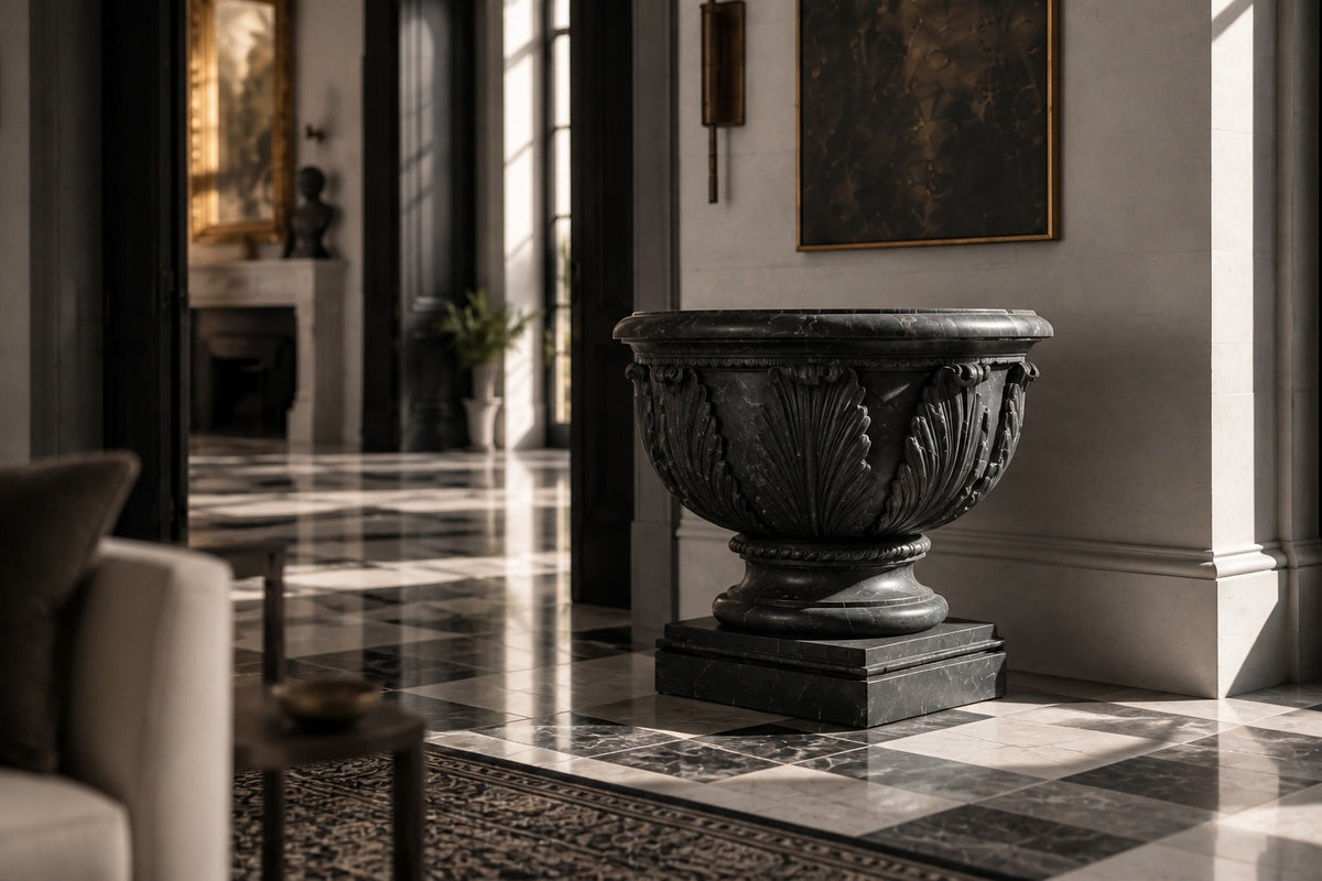 Pietra Grey Acanthus Luxury Marble Urn Planter — 95 cm Pietra Grey marble urn planter carved with large acanthus leaves, close view in the room