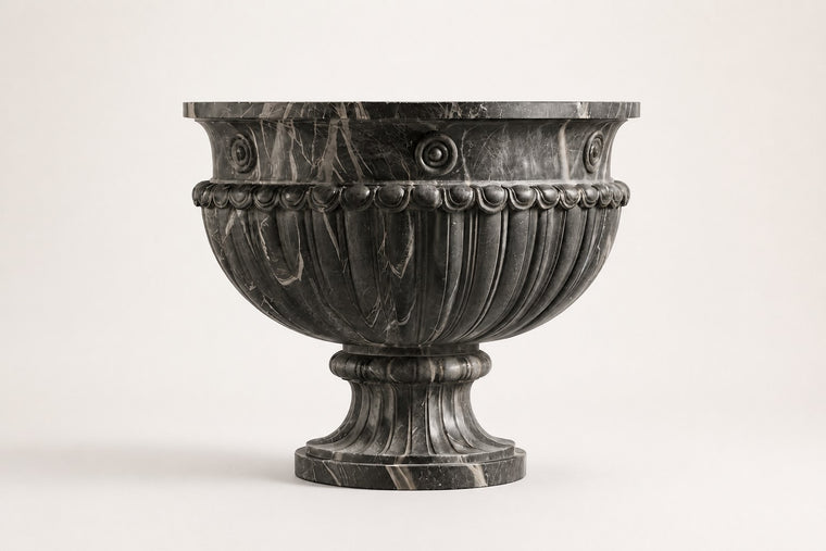 Pietra Grey Classical Fluted Marble Urn Planter — 85 cm Pietra Grey marble campana urn planter with a fluted body and rosette rim, studio view of the whole piece