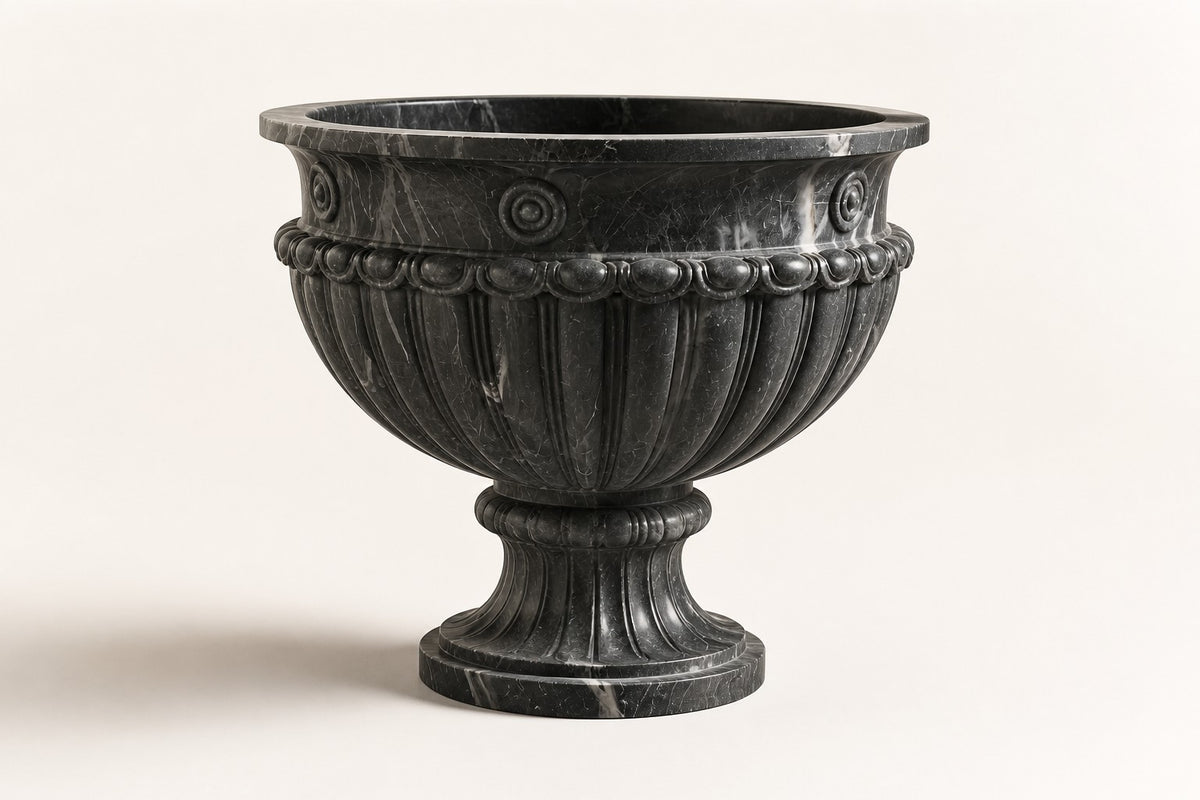 Pietra Grey Classical Fluted Marble Urn Planter — 85 cm Pietra Grey marble campana urn planter with a fluted body and rosette rim, three-quarter studio view showing its profile