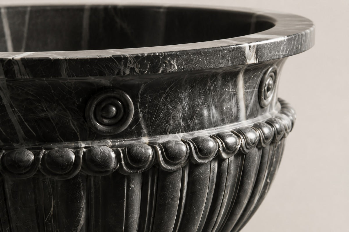 Pietra Grey Classical Fluted Marble Urn Planter — 85 cm Pietra Grey marble campana urn planter with a fluted body and rosette rim, close studio detail of the surface and material