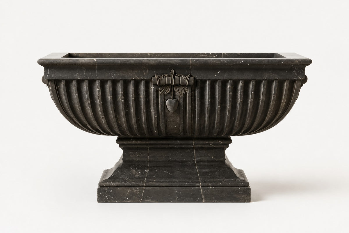 Pietra Grey Garland Marble Urn Planter — 85 cm Pietra Grey marble trough planter with fluted sides and a carved ribbon medallion, studio view of the whole piece