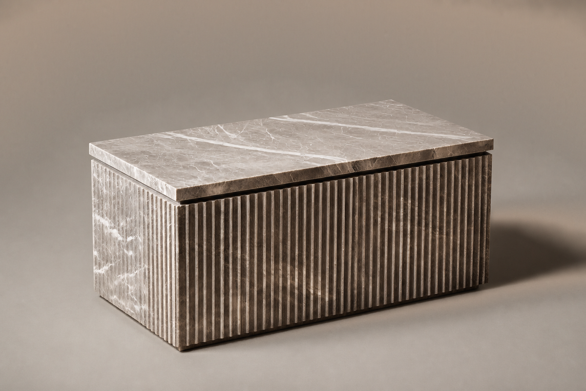 Pietra Grey Reeded Base Warm pietra grey marble plinth base by 1-OPH, three-quarter studio view