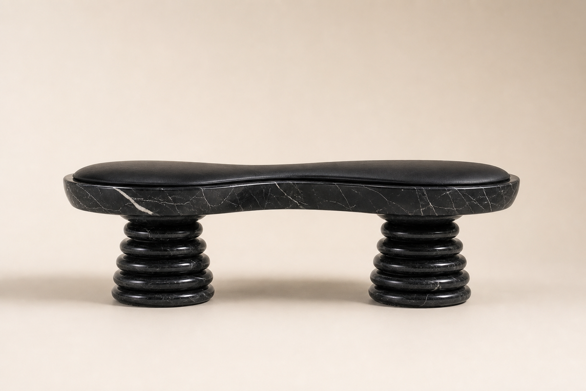 Placida stone sculptural bench, studio view of the whole piece