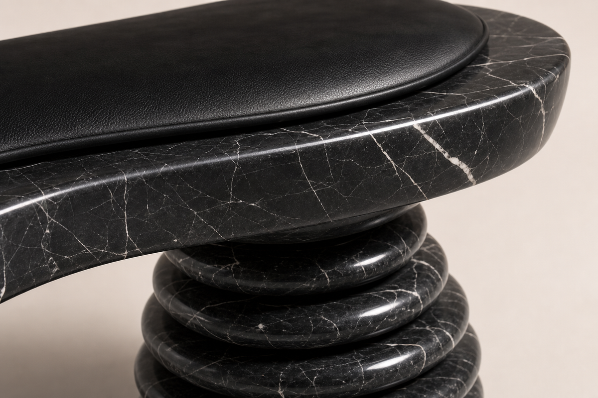 Placida stone sculptural bench, close studio detail of the surface and material