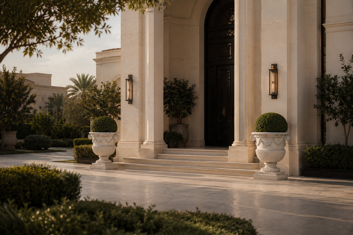 A carved marble urn planter by 1-OPH on a terrace