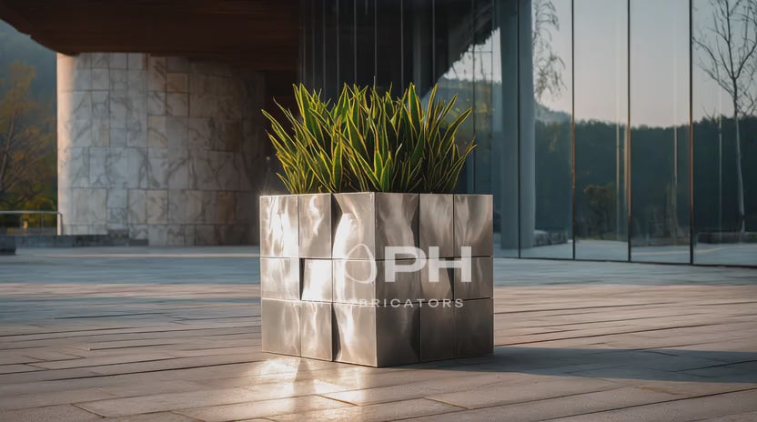 Moduluxe Cube Planter — Brushed Stainless Steel Architectural Planter