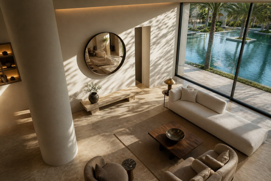 Pupila — Ø 200 cm convex mirror in a dark patinated bronze ring, seen from above in the room