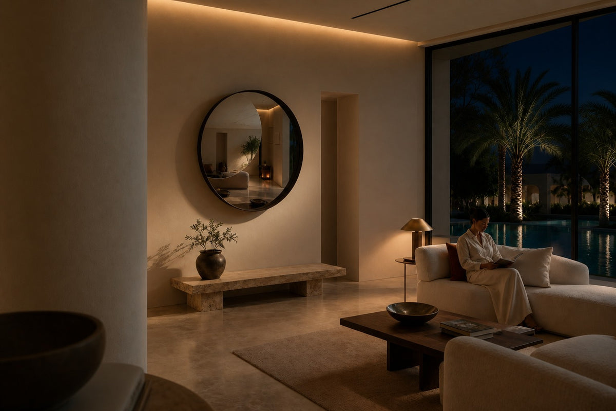 Pupila — Ø 200 cm convex mirror in a dark patinated bronze ring, the same room at night, lamps on