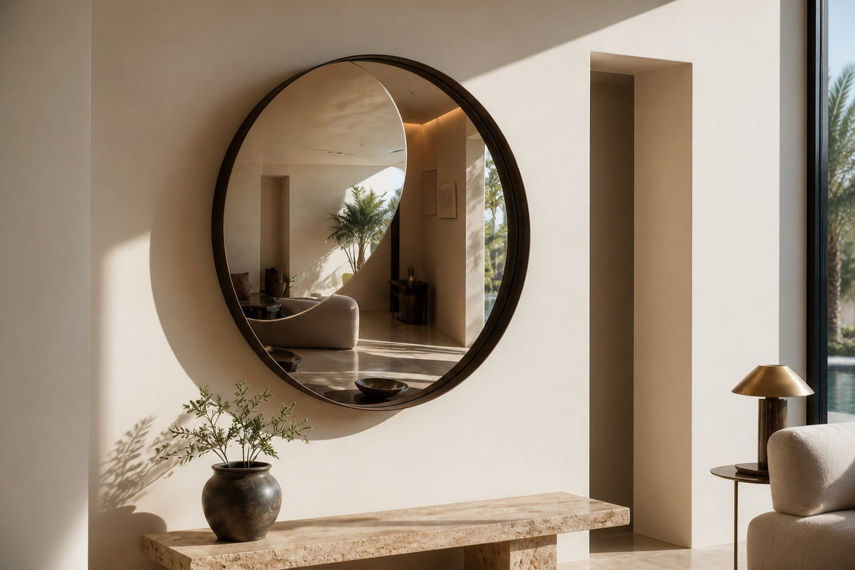 Pupila — Ø 200 cm convex mirror in a dark patinated bronze ring, close view on the wall