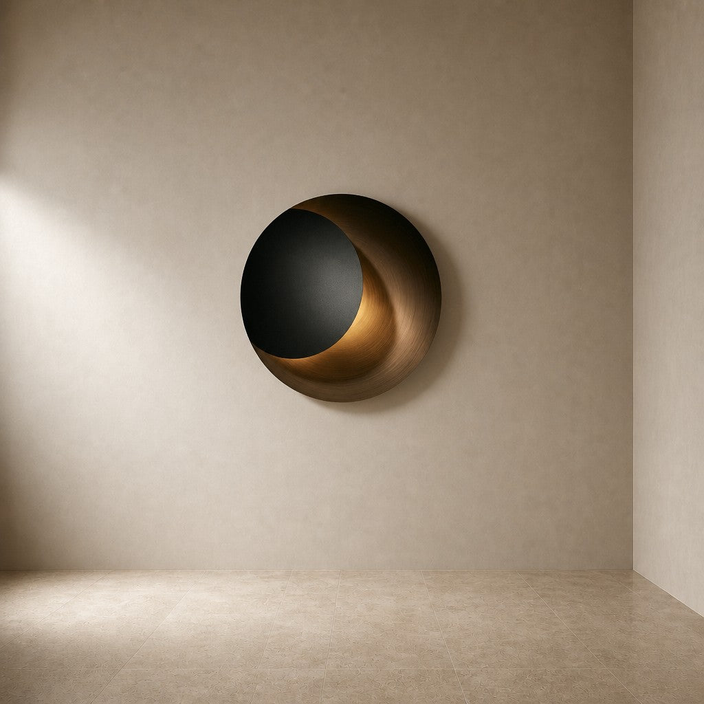 Qamar — 90 × 90 cm round wall sculpture of a black dish with a gold crescent inside, three-quarter studio view showing its profile