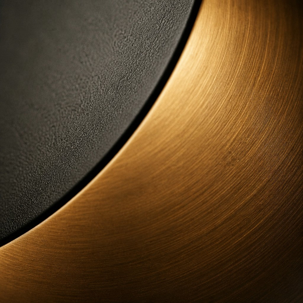 Qamar — 90 × 90 cm round wall sculpture of a black dish with a gold crescent inside, close studio detail of the surface and material