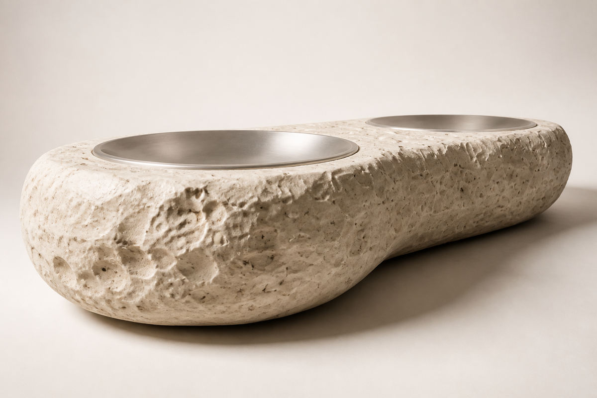 Qamha limestone sculptural bench, three-quarter studio view showing its profile