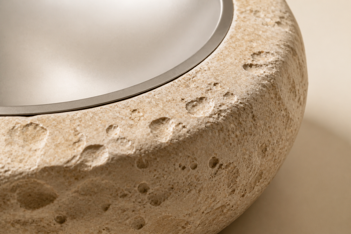 Qamha limestone sculptural bench, close studio detail of the surface and material