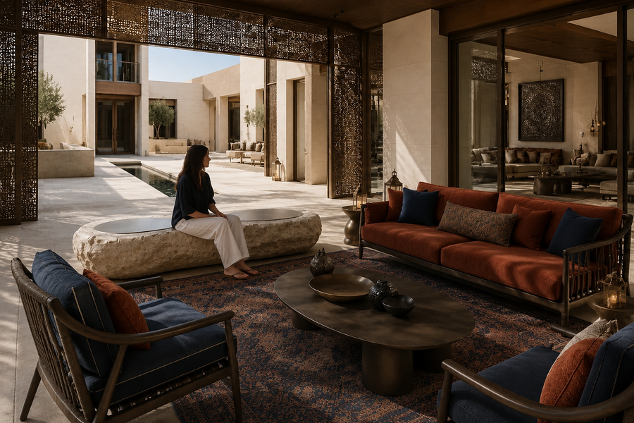 Qamha limestone sculptural bench, shown in a room setting, at full scale