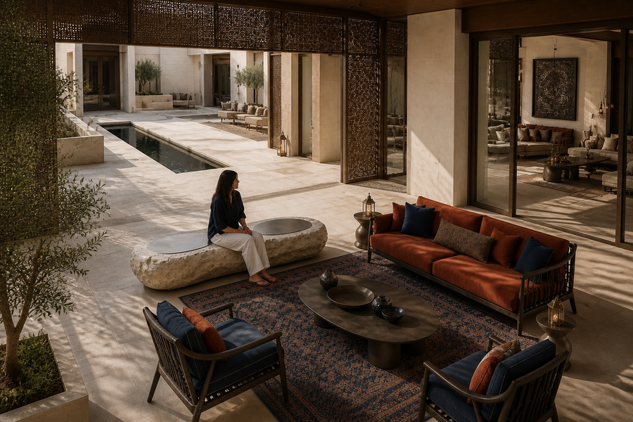Qamha limestone sculptural bench, overhead view in a room setting