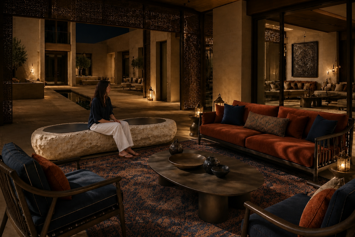 Qamha limestone sculptural bench, in a room setting under evening light