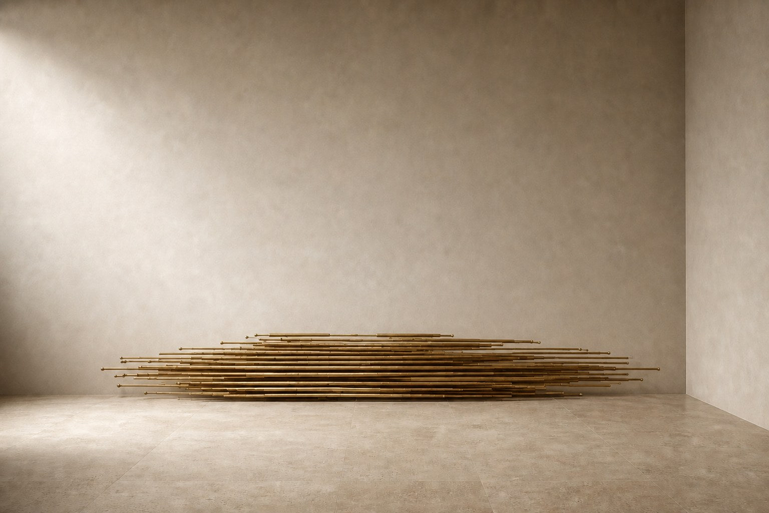 Horizontal sheaf of long polished brass rods tapering to points at both ends.