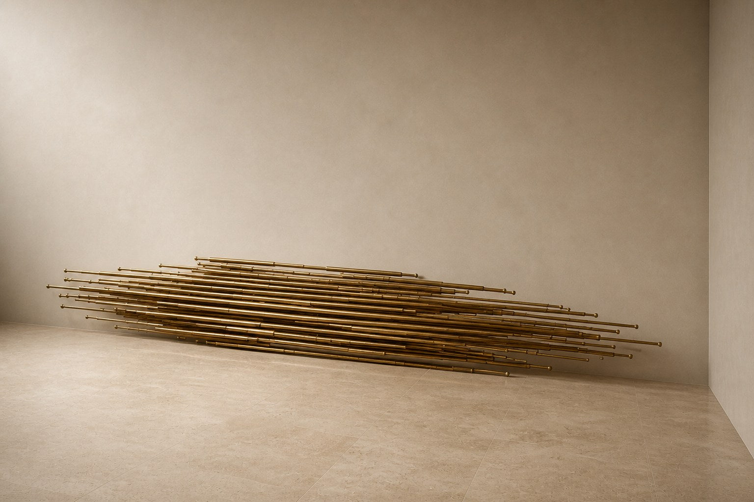 Horizontal sheaf of long polished brass rods tapering to points at both ends.