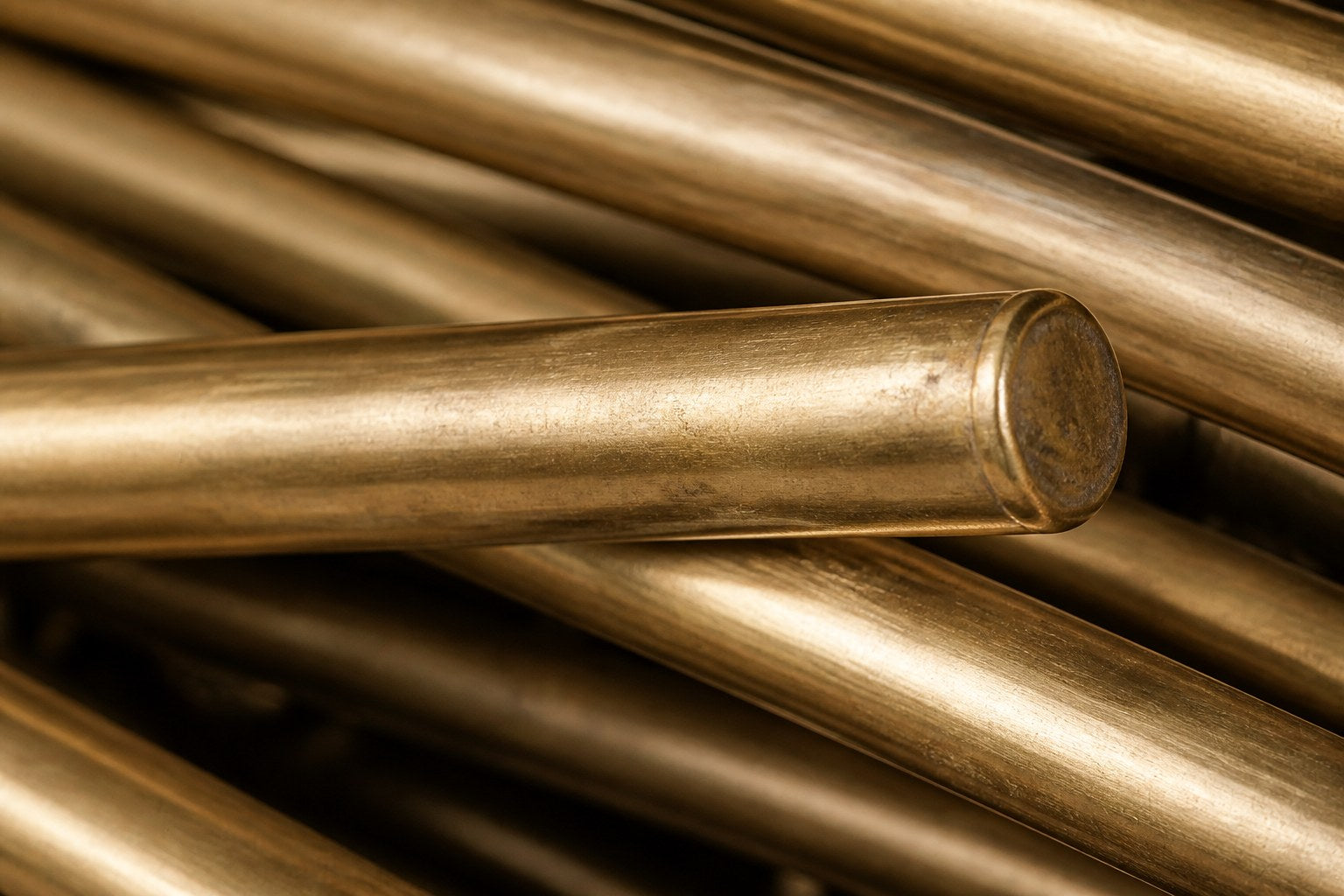 Horizontal sheaf of long polished brass rods tapering to points at both ends.
