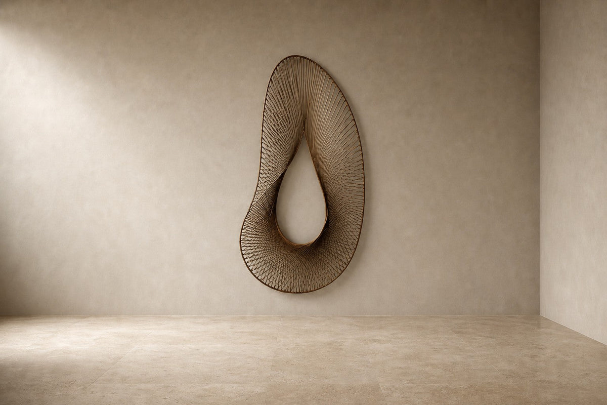 Qatra — 95 × 150 cm dark bronze wire wall sculpture woven into an open teardrop, studio view of the whole piece