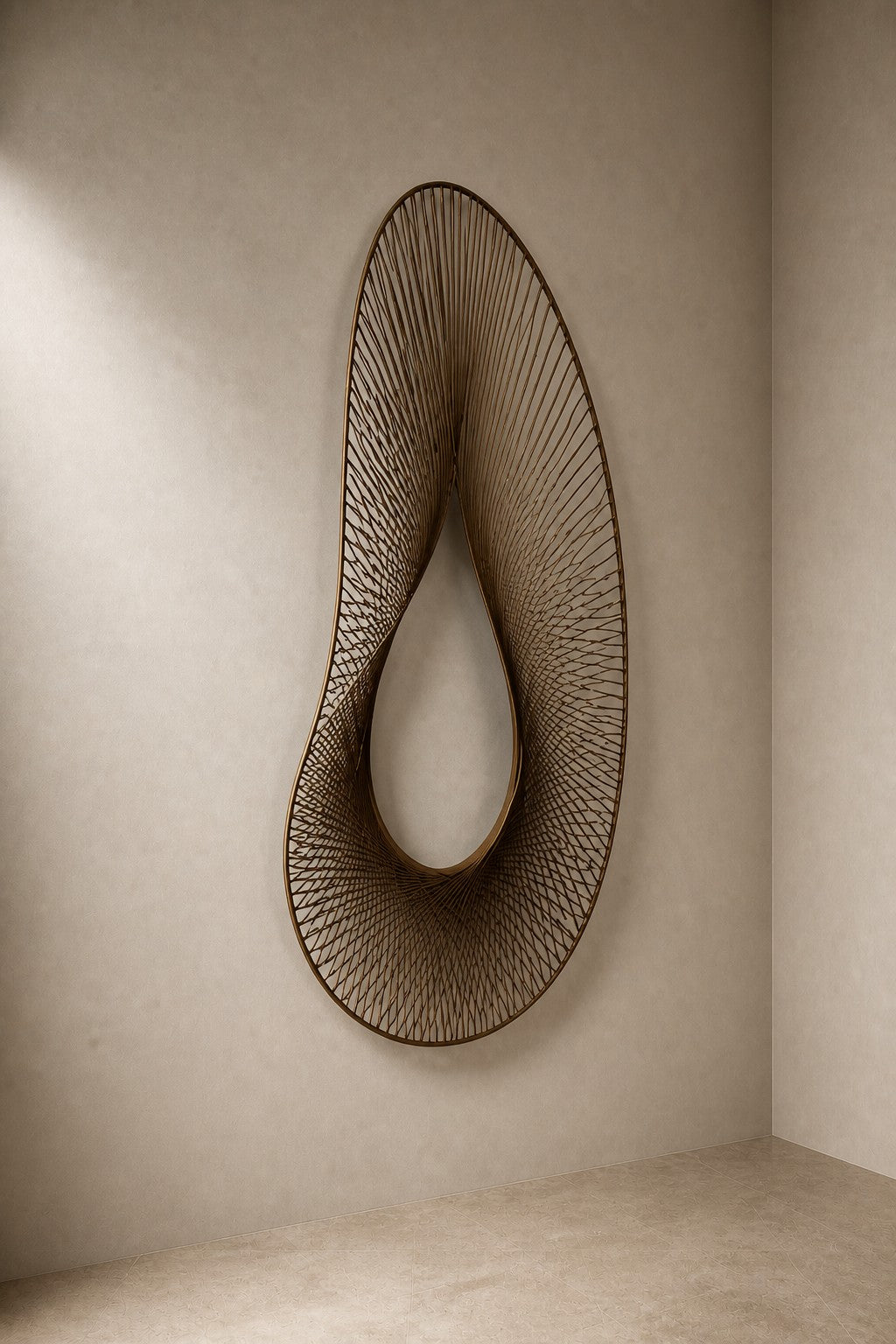 Qatra — 95 × 150 cm dark bronze wire wall sculpture woven into an open teardrop, three-quarter studio view showing its profile