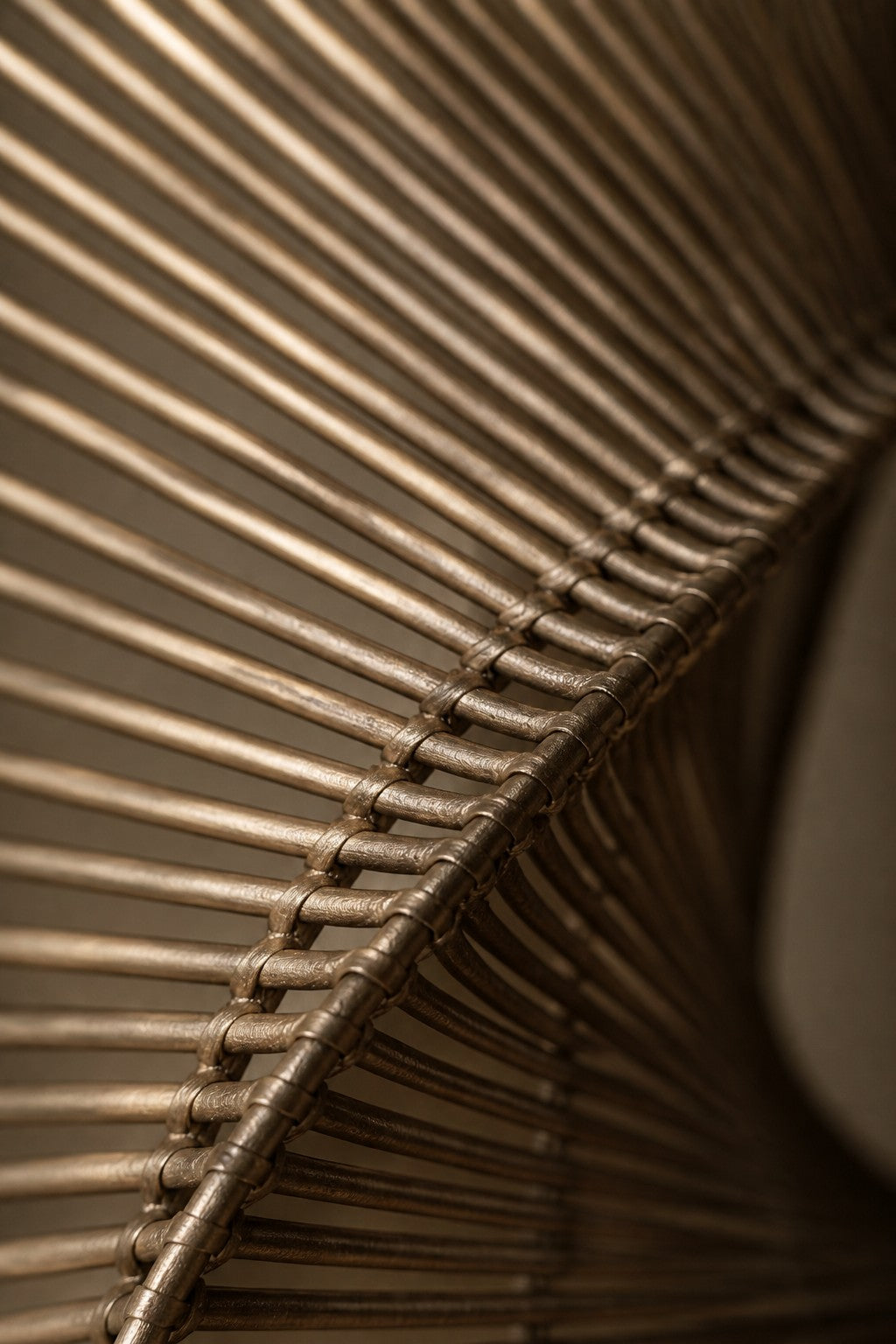 Qatra — 95 × 150 cm dark bronze wire wall sculpture woven into an open teardrop, close studio detail of the surface and material