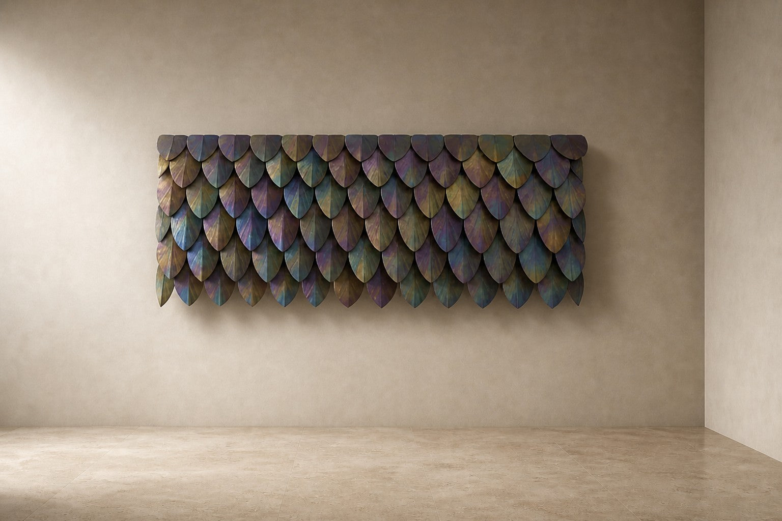 Rust orange and umber bronze wall sculpture Corteza, cast bark-textured plates shingled across a long rail, on a plaster wall.