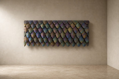 Rust orange and umber bronze wall sculpture Corteza, cast bark-textured plates shingled across a long rail, on a plaster wall.