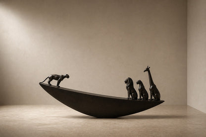 Dark bronze crescent sculpture Quebrada balanced on its curve, three seated forms at the high end and one walking down the fall.