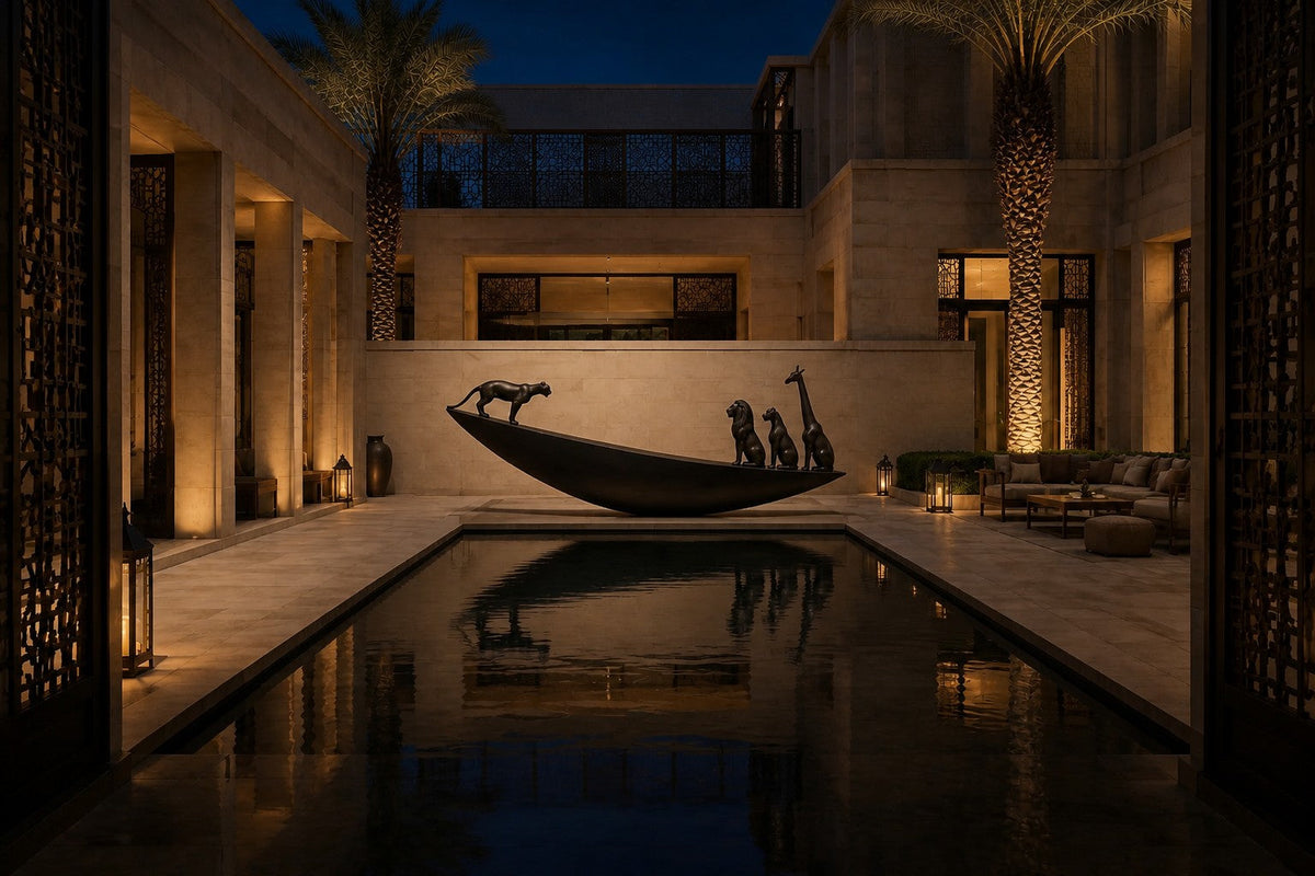Dark bronze crescent sculpture Quebrada balanced on its curve, three seated forms at the high end and one walking down the fall.