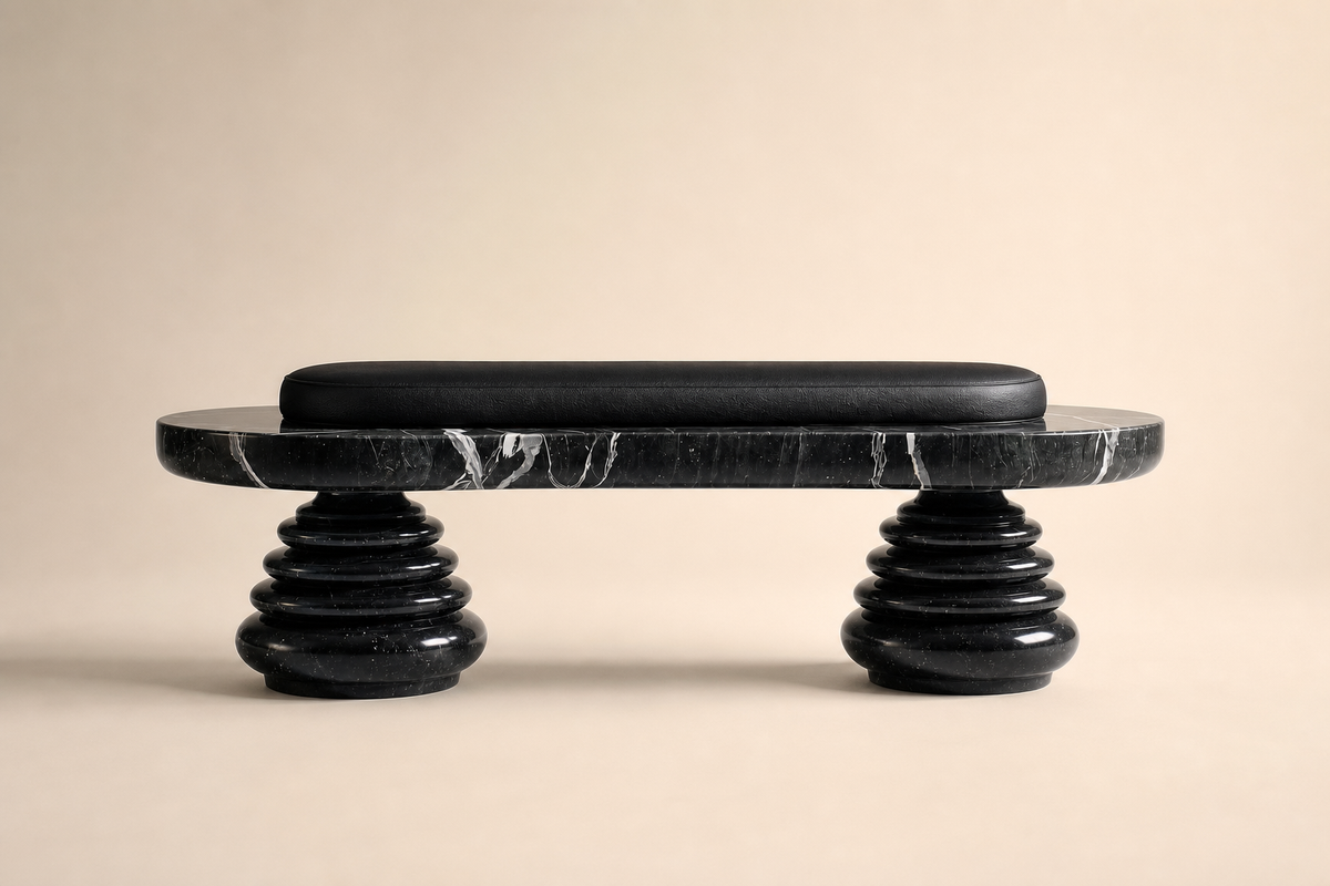 Quies stone sculptural bench, studio view of the whole piece
