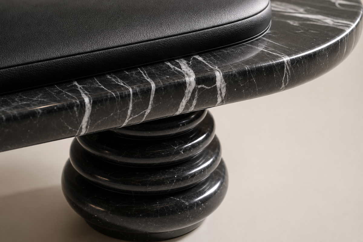 Quies stone sculptural bench, close studio detail of the surface and material