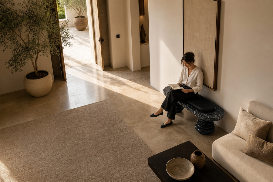 Quies stone sculptural bench, overhead view in a room setting