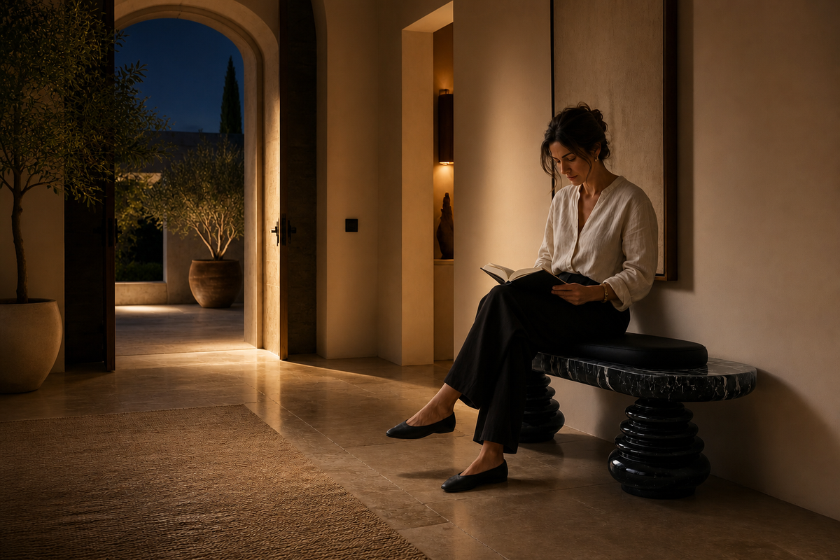 Quies stone sculptural bench, in a room setting under evening light