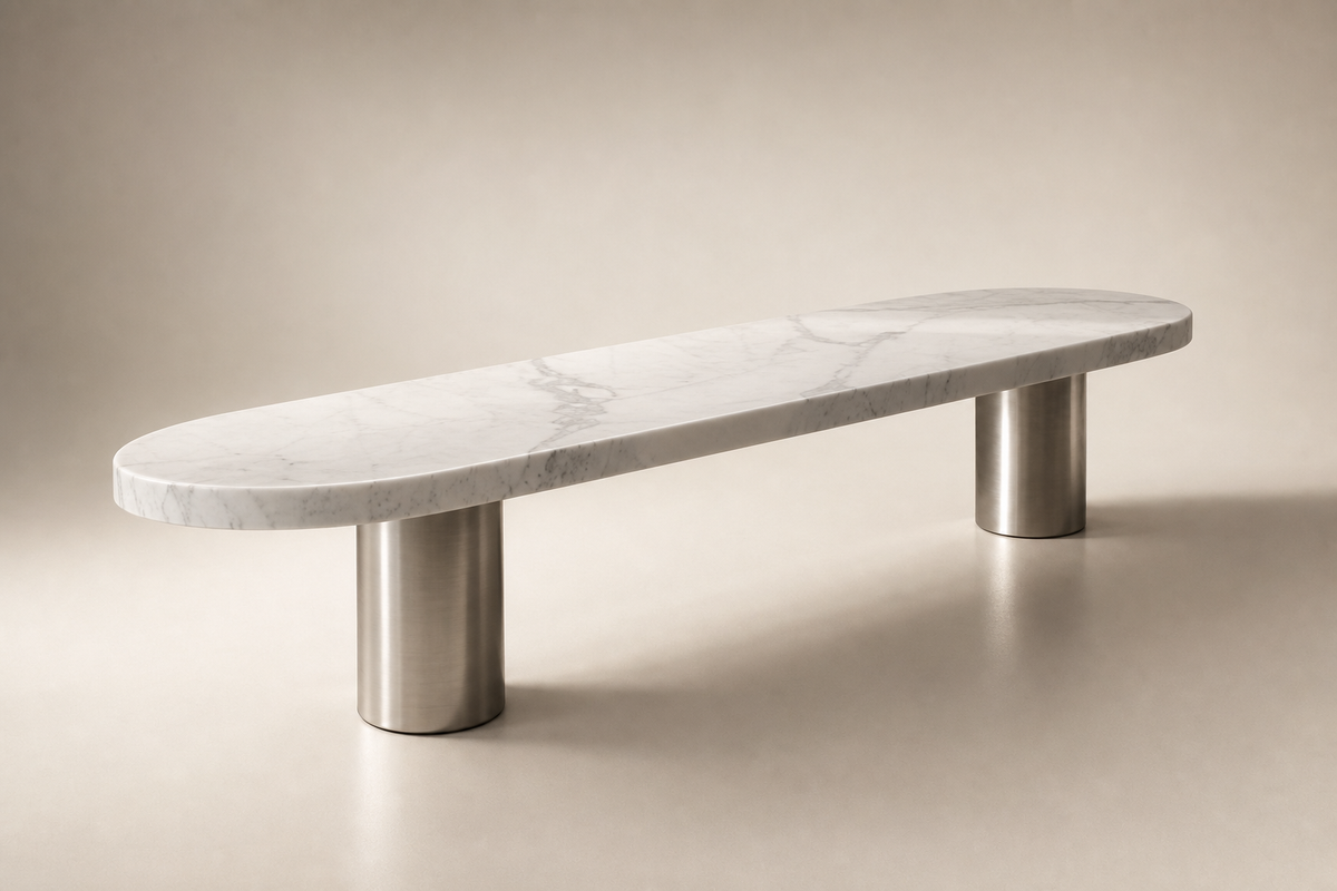 Quieta marble sculptural bench, three-quarter studio view showing its profile