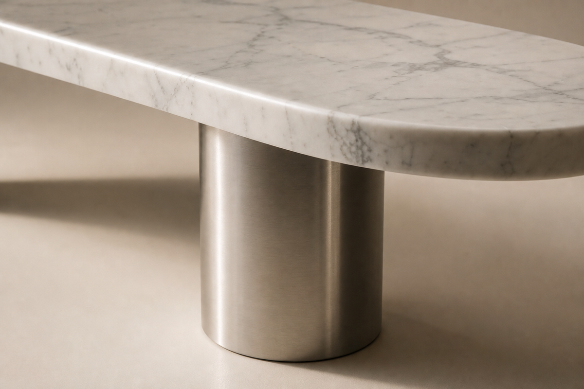 Quieta marble sculptural bench, close studio detail of the surface and material