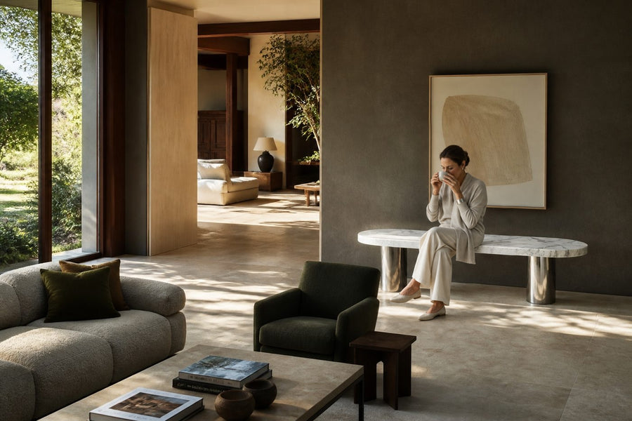 Quieta marble sculptural bench, shown in a room setting, at full scale