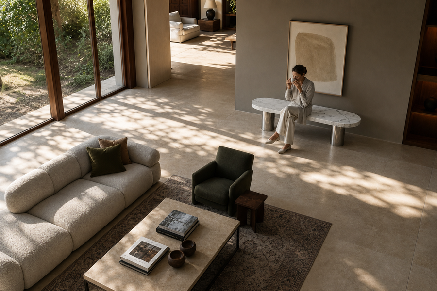Quieta marble sculptural bench, overhead view in a room setting