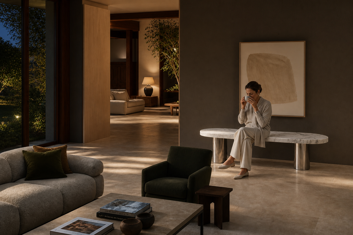 Quieta marble sculptural bench, in a room setting under evening light
