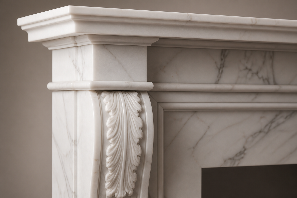 Quiete calacatta fireplace, close studio detail of the surface and material