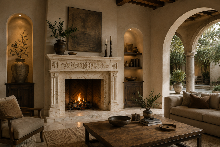Quiete calacatta fireplace, shown in a room setting
