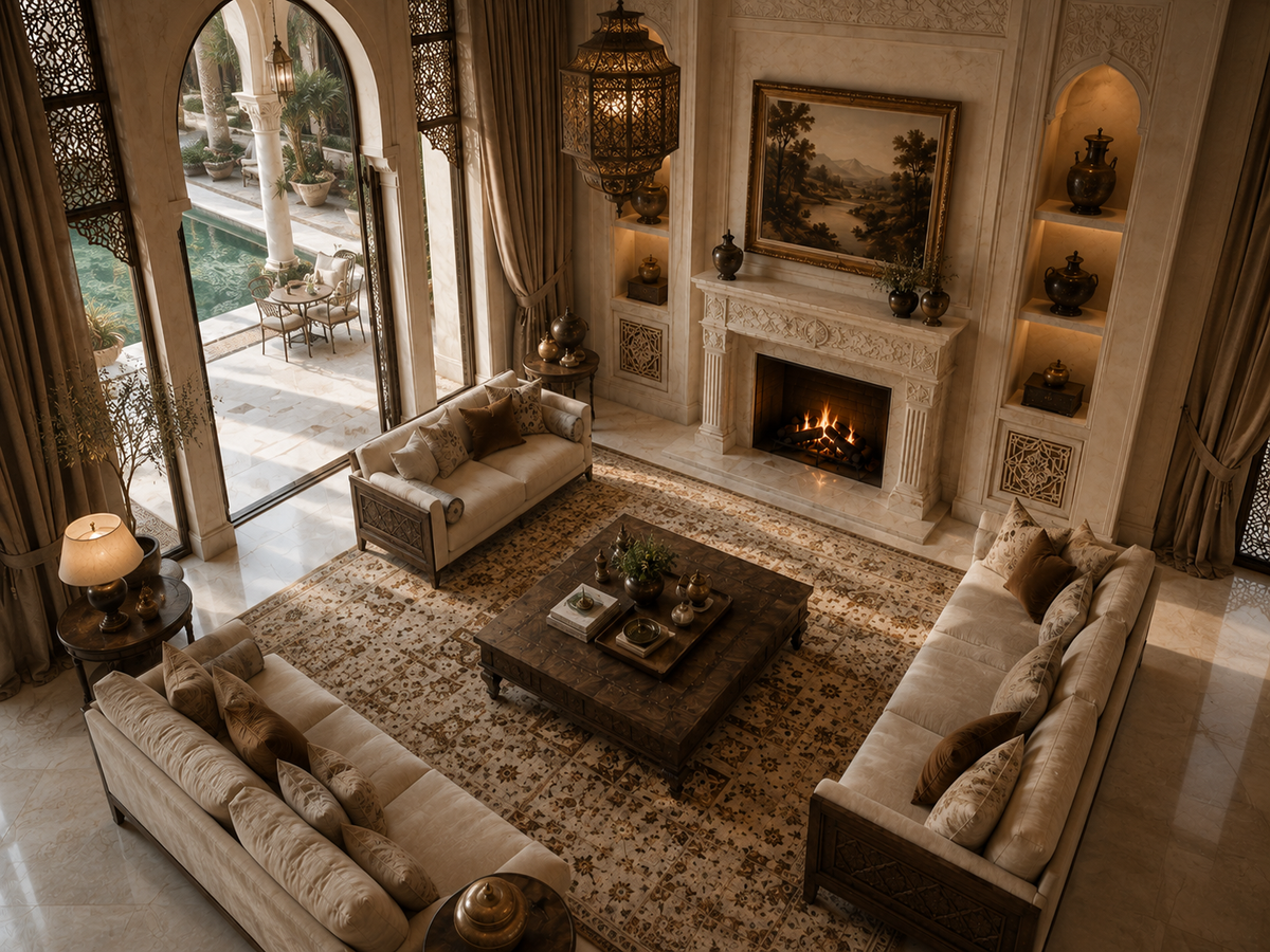 Quiete calacatta fireplace, overhead view in a room setting