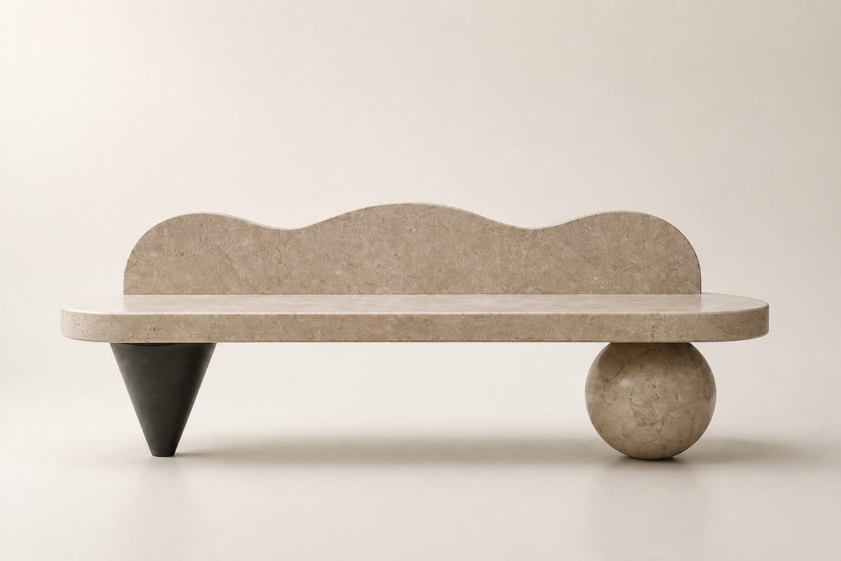 Quieto 180 stone sculptural bench, studio view of the whole piece