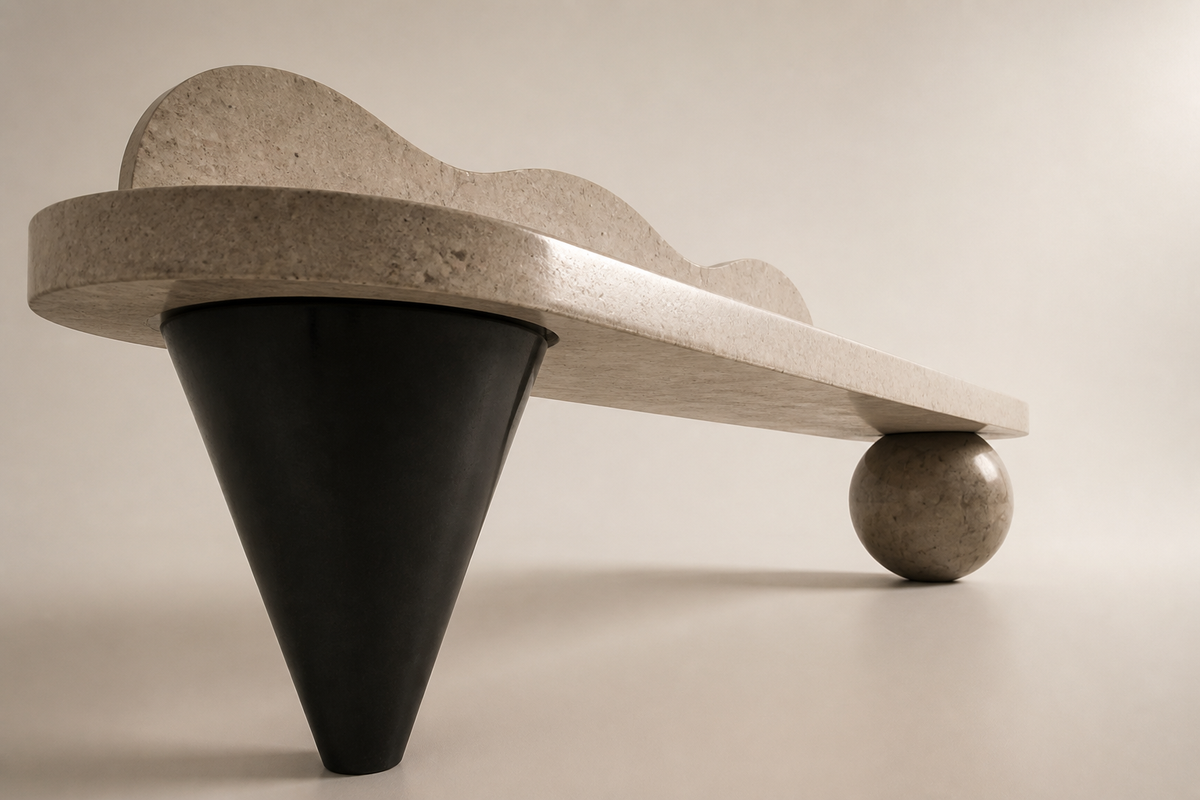 Quieto 180 stone sculptural bench, three-quarter studio view showing its profile