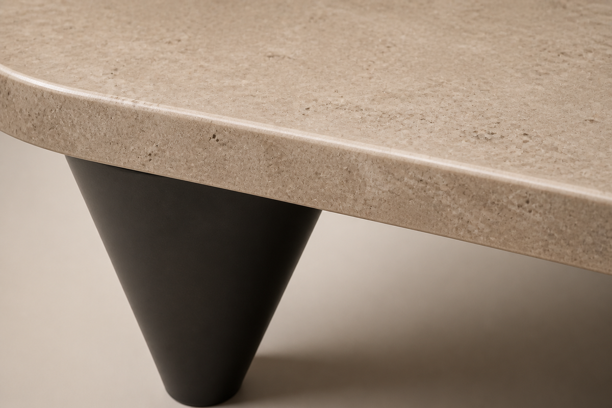 Quieto 180 stone sculptural bench, close studio detail of the surface and material