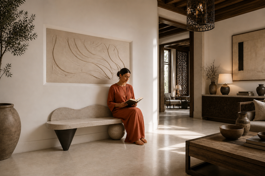 Quieto 180 stone sculptural bench, shown in a room setting, at full scale