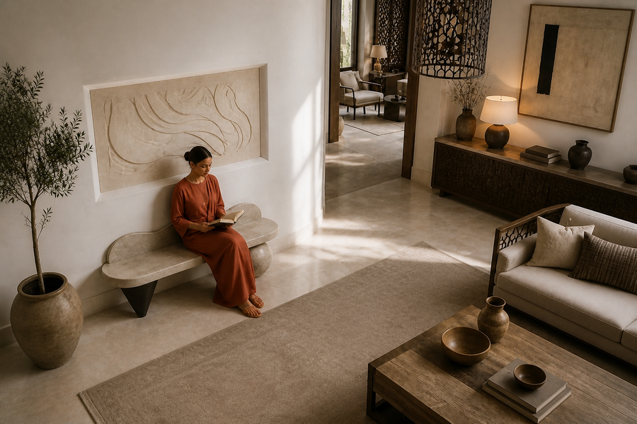 Quieto 180 stone sculptural bench, overhead view in a room setting